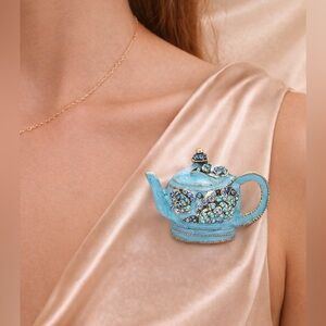 Blue Teapot Gold Crystal Brooch
